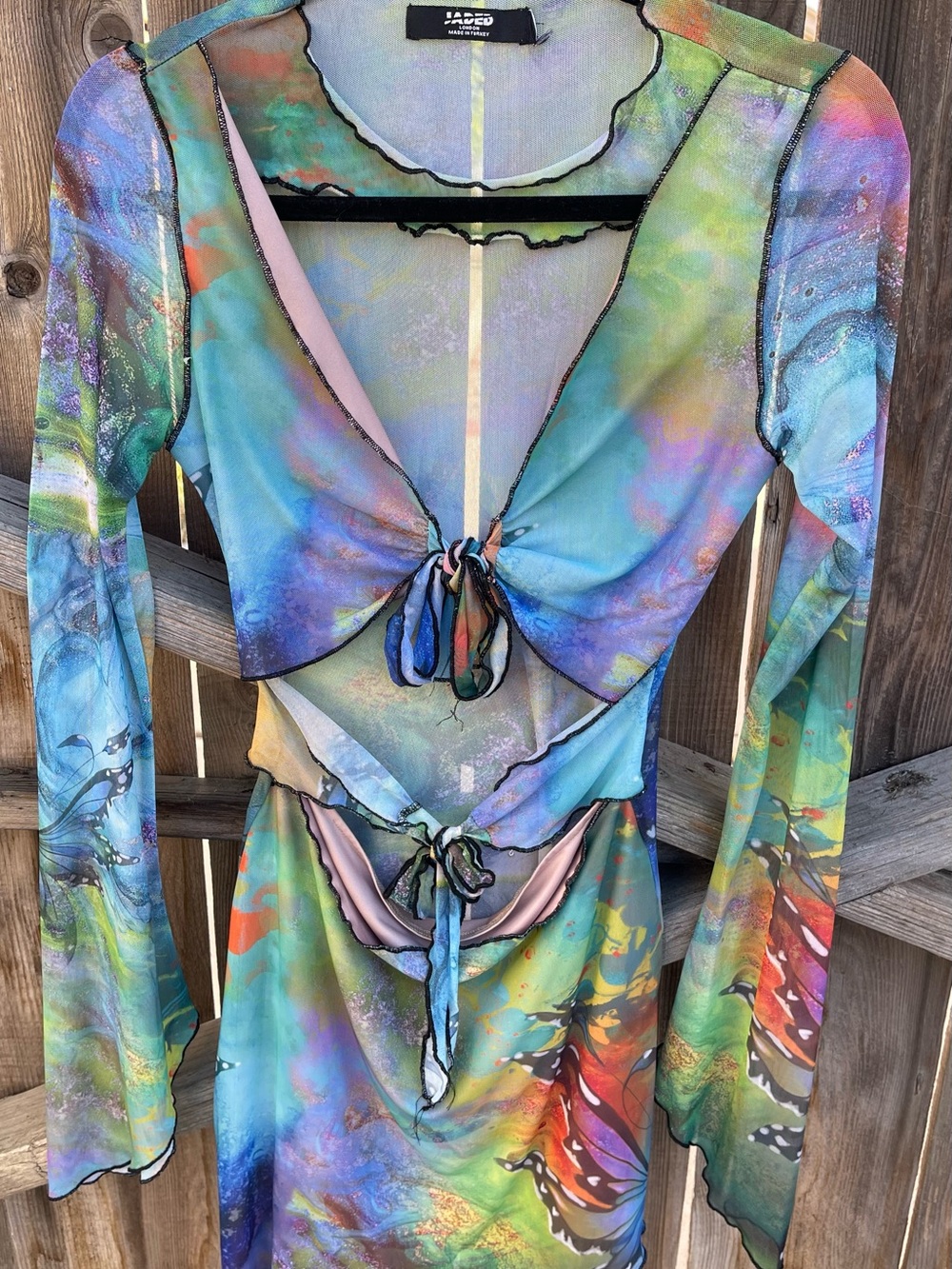 Jaded London Mix Fairy Print Mesh Dress Tie Front Cutout Bell Sleeve Mini Y2K